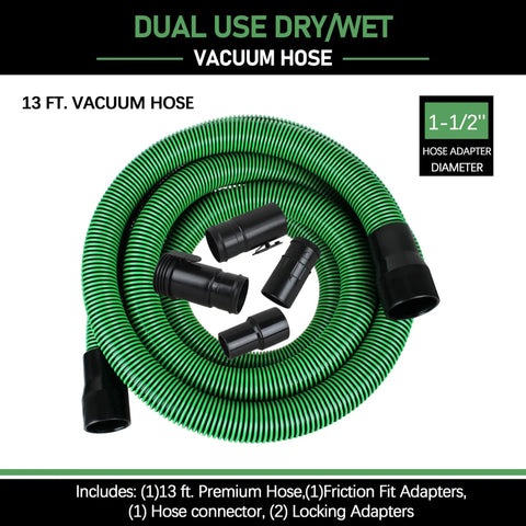 Hose Kit For 1-7/8 Inch Vacuums With Universal 2-1/2 Inch Adapters, 13 Foot Wet Dry Vacuum Hose With 6 Fittings And Attachments, Green