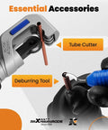 Ratcheting Pipe Bender Kit With 7 Interchangeable Dies For 1/4 To 7/8 Inch Tubing Copper Or Aluminum 90 Degree Bends Forward And Reverse Tool shown with tube cutter and deburring tool.