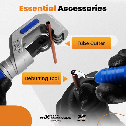 Ratcheting Pipe Bender Kit With 7 Interchangeable Dies For 1/4 To 7/8 Inch Tubing Copper Or Aluminum 90 Degree Bends Forward And Reverse Tool shown with tube cutter and deburring tool.