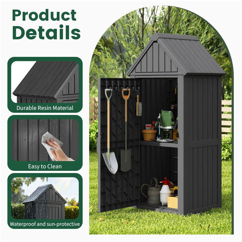 Durable Outdoor Deck Box Storage Shed With Removable Shelves And Twelve Hooks For Garden Pool Patio Waterproof Resin Cabinet With Lock Ring Vertical Space Saver Built For Easy No Mess Storage in garden setting