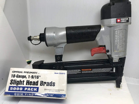 Heavy Duty Pneumatic Brad Nailer 18 Gauge 2 Inch Strip Capacity Smooth Operator For Trim Carpentry And Cabinet Work Ready To Roll, showing tool with brad package.