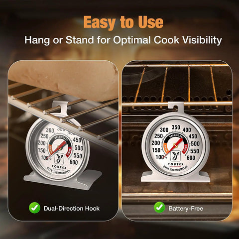 Two Pack Oven Thermometer With 100 To 600 Fahrenheit Range No Holes No Discoloration Easy Clean No Fuss 2.5 Inch Dial In Use