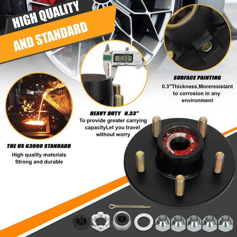 Two Sets 3500 Lb Trailer Hub Kit With 5 Lug 4.5 Inch Bolt Pattern Pre Greased For Easy Installation Fits 1-1/16 To 1-3/8 Inch Spindles 84 Tapered Axle Compatible, featuring high-quality materials and heavy-duty design.