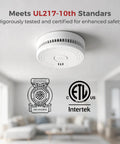 Top Shelf Smoke Detectors 12 Pack with Replaceable Batteries and 85dB Sirens Lock Down Safety with Dual Wavelength AI Sensors on ceiling.