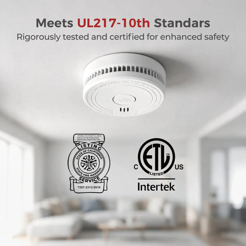 Top Shelf Smoke Detectors 12 Pack with Replaceable Batteries and 85dB Sirens Lock Down Safety with Dual Wavelength AI Sensors on ceiling.