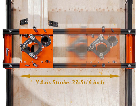Top view of Ultimate Slab Flattening Router Sled with 3-Axis Gantry Jig and 3.5 Inch Router Lift showing Y-axis stroke.