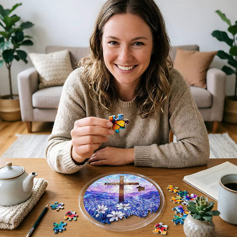 Woman assembling Floral Branches Acrylic Puzzle Sun Catcher For Doors And Windows Two In One Puzzle And Hanging Ornament Kit