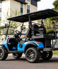 Smooth Operator Four Seater Electric Golf Cart Fueled By A Rock Solid 48 Volt 150 Ah Lithium Battery, features a blue exterior and snappy fold seats.