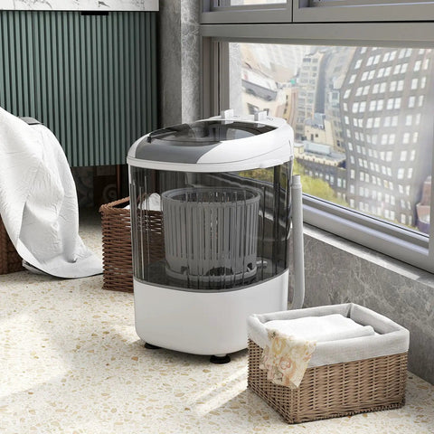 Super Duper Handy Portable Mini Washing Machine With Five Point Five Lbs Capacity And Quick Spin Tub, No Sweat Semi Auto Compact Laundry Washer For Tight Dorm Rooms And Rv Weekend Getaways, Chill Grey Vibe in a stylish room setting.