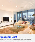 Modern living room with BR30 LED Flood Light Bulbs 65W Equivalent 9.5W Non Dimmable No Drama Energy Saver With 10 Year Life.