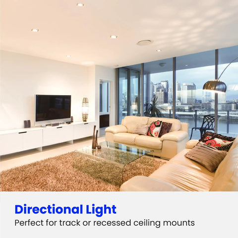 Modern living room with BR30 LED Flood Light Bulbs 65W Equivalent 9.5W Non Dimmable No Drama Energy Saver With 10 Year Life.