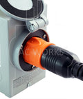 Rock Solid Generator Adapter Featuring Straight Up Reliable Nema 5-15P To L14 20R Four Prong Locking Connector With Bridged Hot Wires And Rust Resistant Terminals For Dead Simple Backup Setup connected to a power inlet.