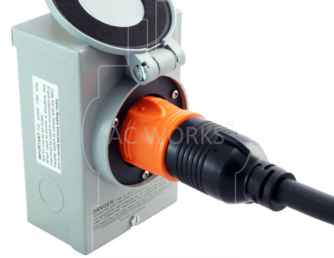 Rock Solid Generator Adapter Featuring Straight Up Reliable Nema 5-15P To L14 20R Four Prong Locking Connector With Bridged Hot Wires And Rust Resistant Terminals For Dead Simple Backup Setup connected to a power inlet.