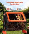 53 Gallon Dual Chamber Compost Tumbler With Easy Turn Rotating Bin and Aeration System, shown with sliding doors open in garden.