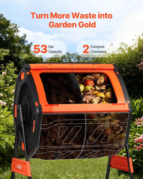 53 Gallon Dual Chamber Compost Tumbler With Easy Turn Rotating Bin and Aeration System, shown with sliding doors open in garden.