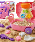 Unicorn Themed Rolling Sand Toy Suitcase For Kids Beach Fun With Water Play Table And Wheels, includes molds and channels