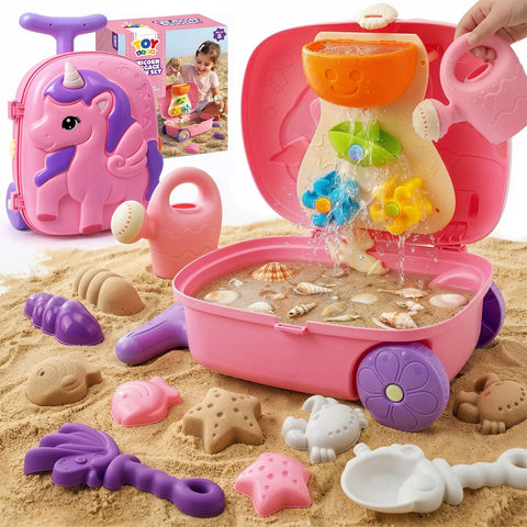Unicorn Themed Rolling Sand Toy Suitcase For Kids Beach Fun With Water Play Table And Wheels, includes molds and channels