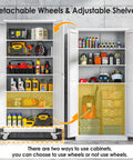 Heavy Duty 75 Inch Metal Garage Storage Cabinet On Wheels With Two Doors And Five Adjustable Shelves For Home Office Workshop And Warehouse White Easy Assembly showing shelves with assorted items.