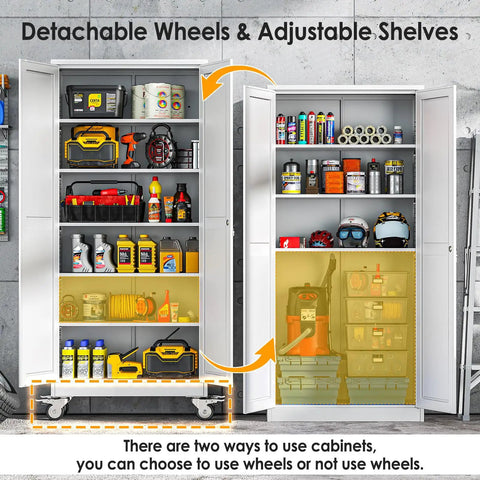 Heavy Duty 75 Inch Metal Garage Storage Cabinet On Wheels With Two Doors And Five Adjustable Shelves For Home Office Workshop And Warehouse White Easy Assembly showing shelves with assorted items.