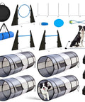 Backyard Dog Agility Training Course Set For Pets, Easy Setup Obstacle Course With Grey And Black Tunnel, Hurdles, Jump Ring, and Storage
