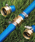 Heavy Duty Garden Hose Repair Kit With Clamps Includes Male And Female Fittings Aluminum Hose Repair Connector Set 3 Pack Rustproof Leak Free Quick Fix For Outdoor Watering installed on blue hose