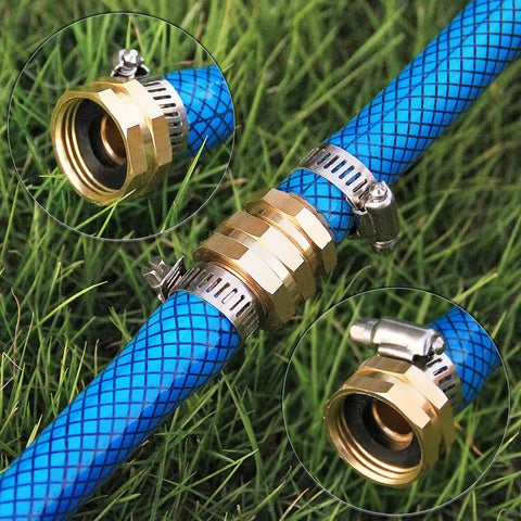 Heavy Duty Garden Hose Repair Kit With Clamps Includes Male And Female Fittings Aluminum Hose Repair Connector Set 3 Pack Rustproof Leak Free Quick Fix For Outdoor Watering installed on blue hose