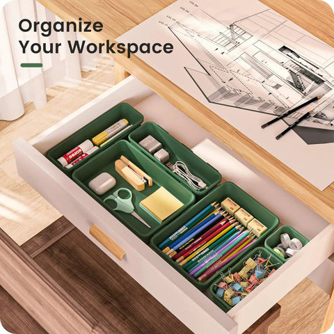 Military Grade Drawer Organizer Set With 177 Item Capacity, 28 Piece 5 Sizes In Green in desk drawer organizing stationery