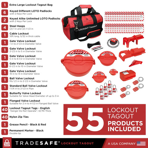 Valve Lockout Tagout Kit For 55 LOTO Devices Including Ball, Butterfly, And Gate Valves, Locks, Cables, Hasps, And Tags, OSHA Compliant