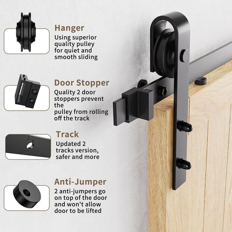Bypass Sliding Barn Door Rail Hardware Kit for Double Doors with carbon steel, black powder coat track and safety features.