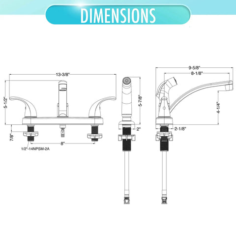 Dimensions of Two Handle Kitchen Faucet With Side Spray In Polished Chrome and Modern High Arc Sink Faucet design