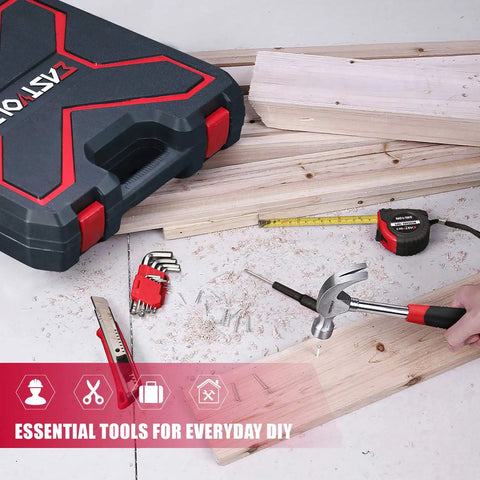 Built Tough 218 Piece Tool Kit For Homeowners And Auto Repair Featuring Heat Treated Chrome Wrenches Sockets Pliers Screwdrivers And Compact Case Black Red