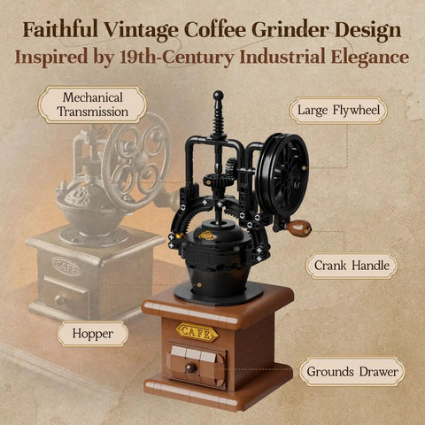 Vintage Hand Crank Coffee Grinder Building Blocks Set With Moving Gears And Hidden Mini Coffee Shop Scene For Desk Decor Retro Mechanical Model Kit For Adults And Teens Totally Cool Coffee Vibe