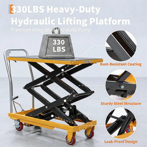 330LBS Heavy Duty Hydraulic Lift Table Cart With No Sweat Foot Pedal Operation, featuring rust-resistant coating and sturdy design.
