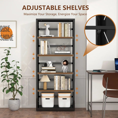 Straight Up Solid Five Tier Metal Bookshelf With Adjustable Shelves Tall Black Storage Rack Takes Heavy Loads Like A Boss Quick Clean Design Perfect Room Organizer For Living Areas And Home Desks