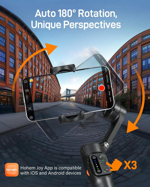 Compact 3 Axis Phone Gimbal With Detachable Magnetic Remote showcasing 180° rotation feature for unique perspectives.