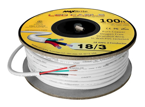 Spool of 100 Ft 18 AWG Low Voltage LED Cable 3 Conductor White Jacket In Wall Speaker Wire UL Class 2 Certified