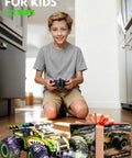 Child playing with Rugged Dino Theme RC Monster Truck For Kids Ages 4 To 12 Blazing 20kmh Speed All Terrain Off Road Crawler