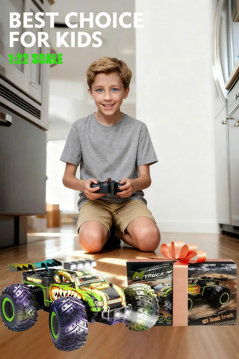 Child playing with Rugged Dino Theme RC Monster Truck For Kids Ages 4 To 12 Blazing 20kmh Speed All Terrain Off Road Crawler