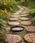 Round Stepping Stone Mold For Concrete Pathways Reusable Plastic Paver Forms installed in garden walkway.
