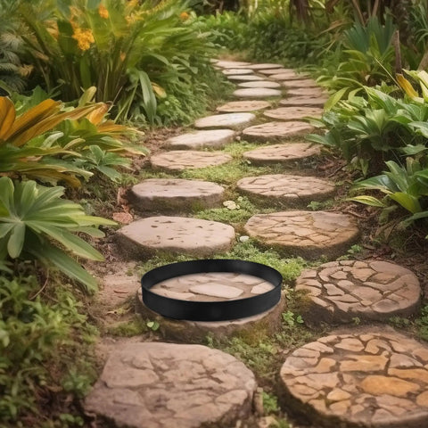 Round Stepping Stone Mold For Concrete Pathways Reusable Plastic Paver Forms installed in garden walkway.