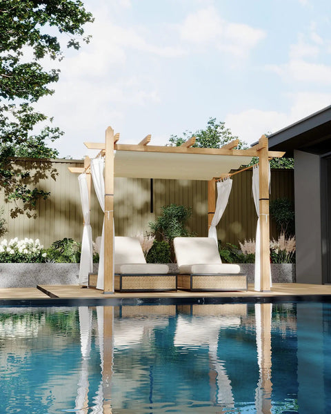 10x10 Ft Outdoor Pergola With Retractable Canopy, Metal Gazebo With Imitation Wood Grain Columns, Side Mesh Screens by a pool