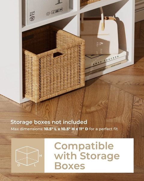 Six Cube Storage Organizer Rustic White Space Saver Stackable Bookcase with 11 Inch Bins and Partial Back Panels