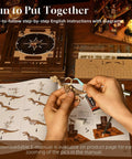 Hands assembling dinosaur skeleton with DIY Book Nook Kit For Dollhouse Lovers 3D Wooden Puzzle Bookend And Bookshelf Insert Decor with LED Light