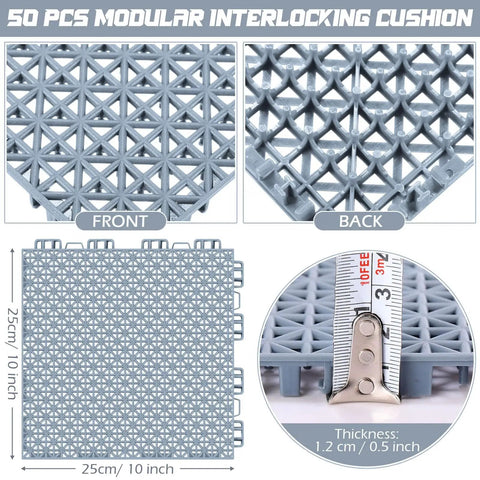 Front and back view of 50 Pack Interlocking Drainage Mats 10 By 10 Inch Rubber Floor Tiles, showing 0.5 inch thickness.