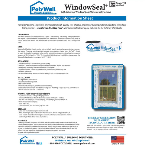 Product information sheet for self-adhering window and door flashing tape with image of a sealed window frame.