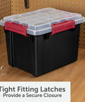 Six Pack Five Gallon Waterproof Storage Totes IP68 Submersible Plastic Bins With Airtight Silicone Seals on workbench.