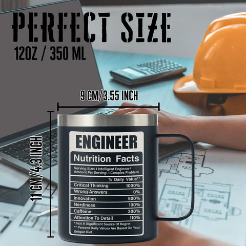 Engineer Gifts For Men Funny Engineering Coffee Mug And 12oz Stainless Steel Tumbler In Black with humor text on desk