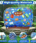 Portable travel first aid kit, blue fabric with colorful icons, 143-piece set, detachable strap, front view