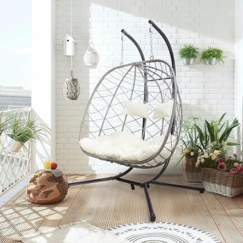 Two Person Outdoor Egg Swing Chair With Stand For Patio Garden Or Balcony Cushioned Wicker Hammock Chair Weather Resistant And Sturdy Dual Hooks Perfect For Chillaxing Together On A Sunny Day