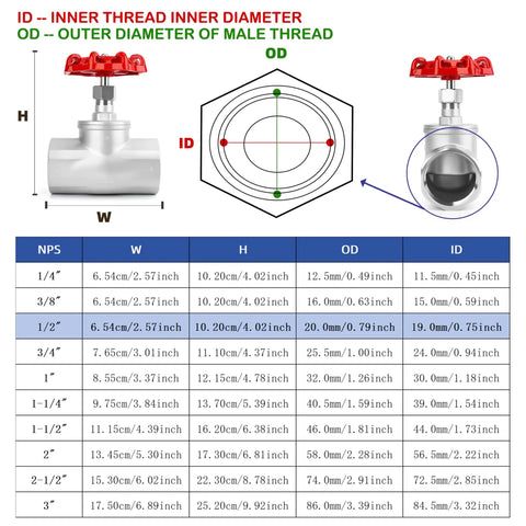 Diagram and dimensions of Half Inch NPT Stainless Steel B Type Globe Valve With Precise Flow Control, DN15 piping and HVAC use.